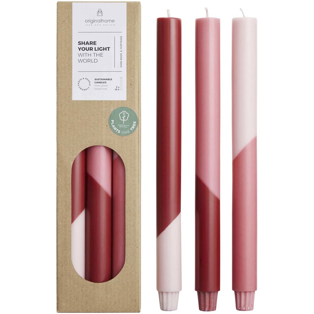 Bougies à rayures diagonales Originalhome Eden par lot de 3 - Rouge