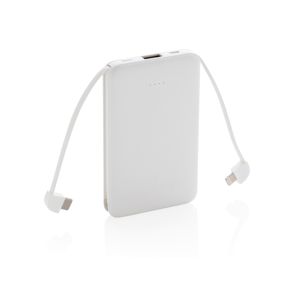 5.000 mAh zakformaat powerbank met geïntegreerde kabels - wit (± PMS White)