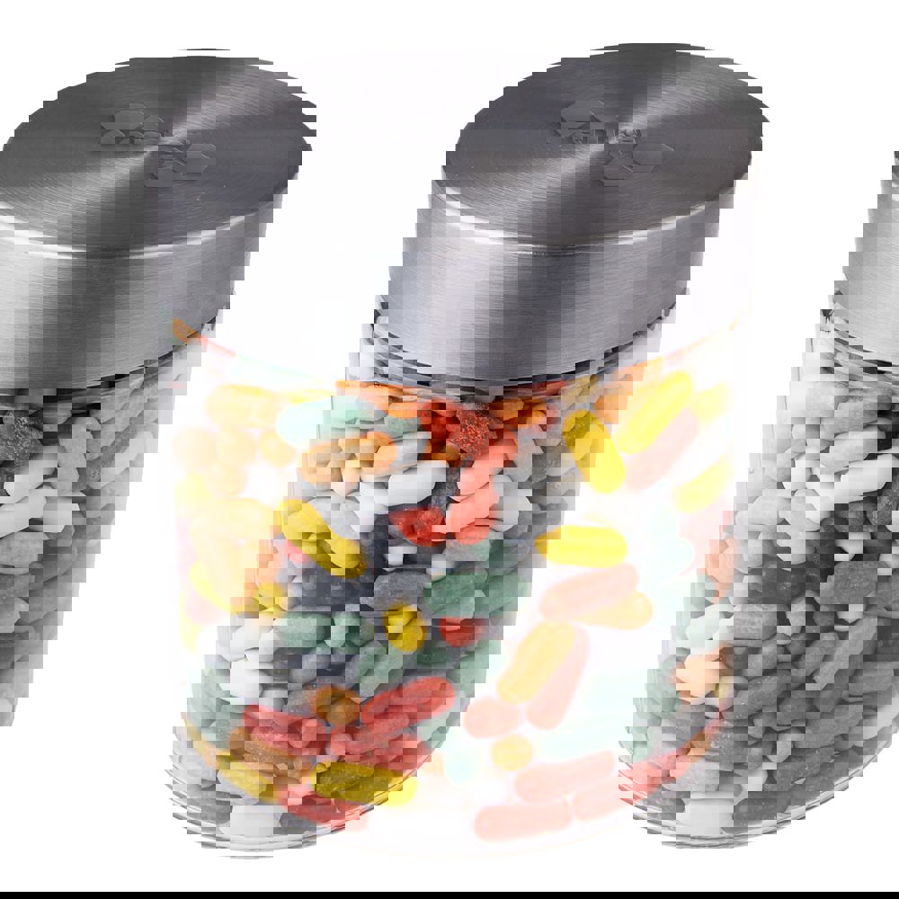 Glazen pot 0,9 liter met embossing, gevuld met snoep