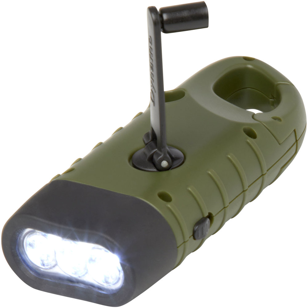 Lampe de poche dynamo solaire Helios en plastique recyclé avec mousqueton