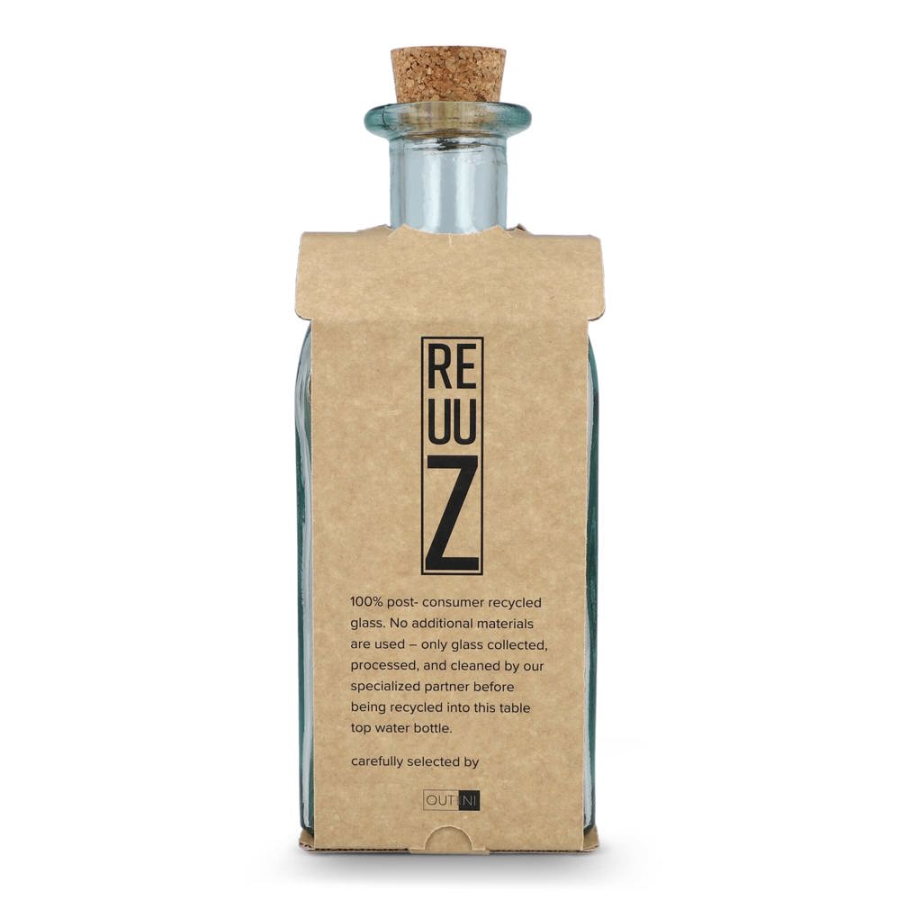 Bouteille en verre recyclé InSideOut Square ReuuZ avec bouchon en liège 1 L
