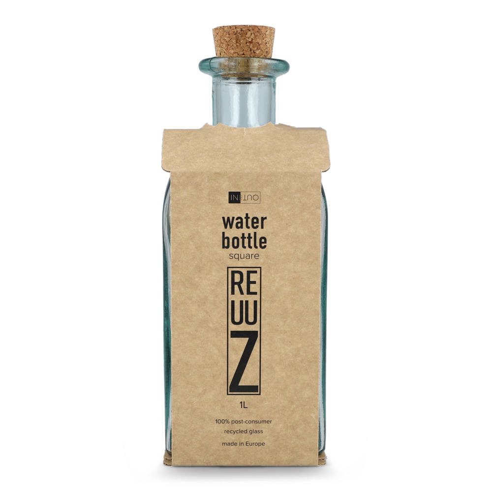 Bouteille en verre recyclé InSideOut Square ReuuZ avec bouchon en liège 1 L
