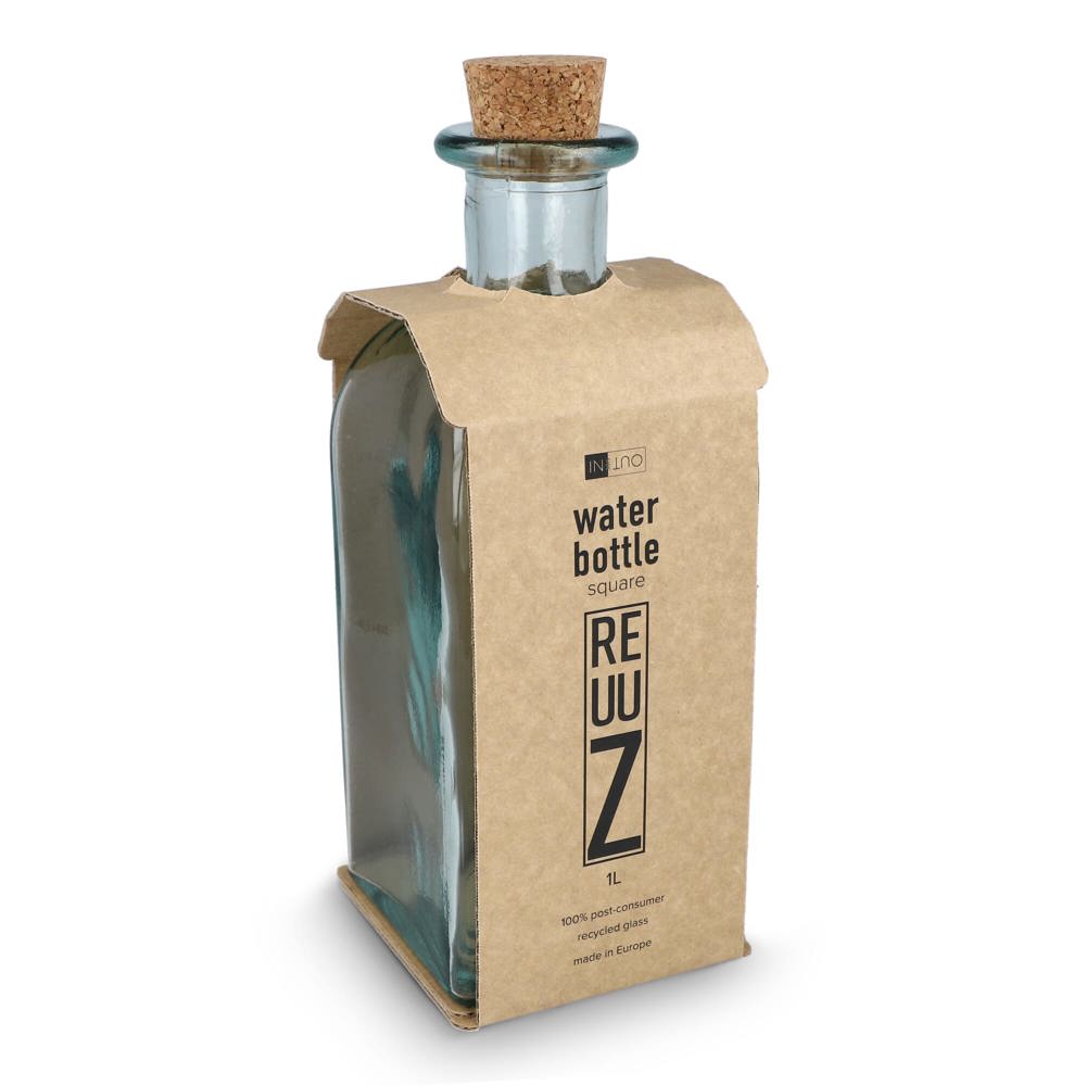 Bouteille en verre recyclé InSideOut Square ReuuZ avec bouchon en liège 1 L